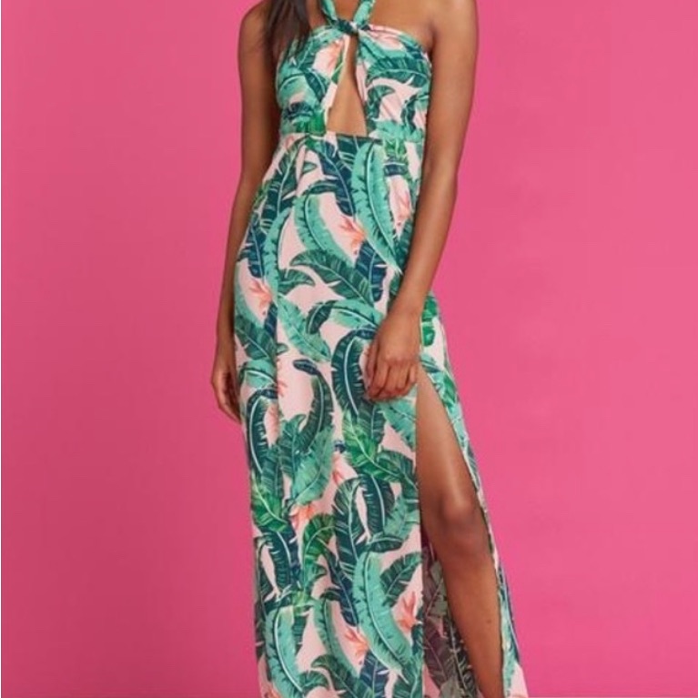 Mumu Barbie Tropical Print Halter Maxi Dress